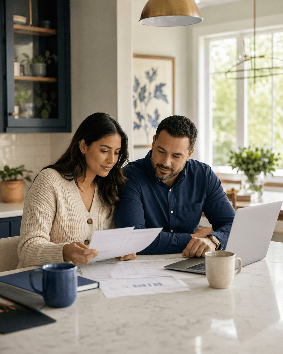 Couple reviewing mortgage documents at a kitchen island